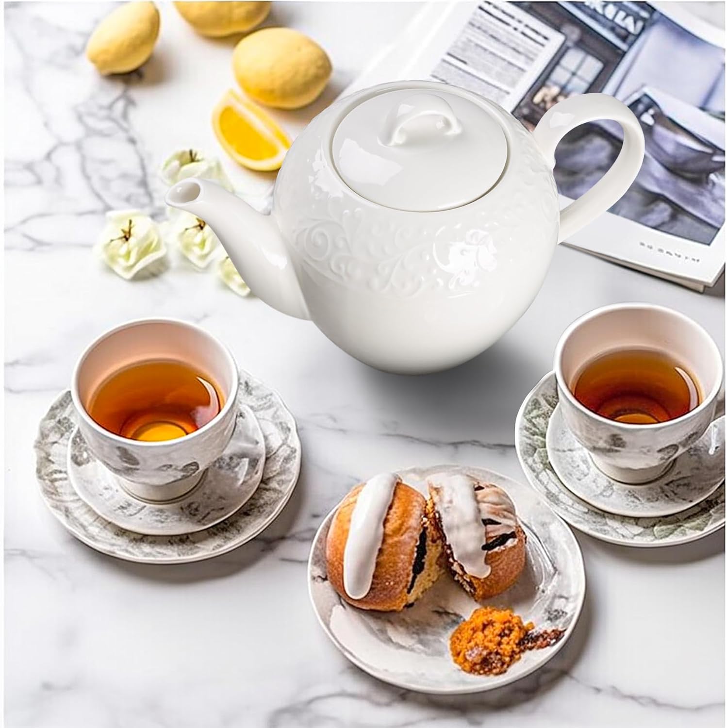 ComSaf Tetera de porcelana con infusor extraíble y tapa de 33.8 fl oz (4-5 tazas), tetera grande con infusor de malla fina de acero inoxidable,
