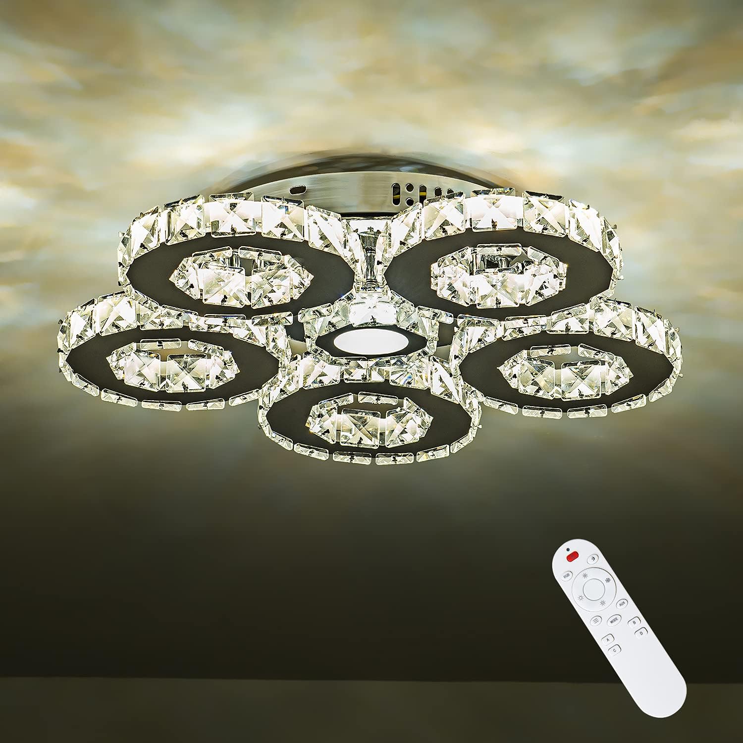 KKMYWAN Lámpara de techo de cristal empotrada LED regulable con control remoto de 5 anillos, lámpara de techo para dormitorio, sala de estar,