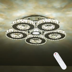 KKMYWAN Lámpara de techo de cristal empotrada LED regulable con control remoto de 5 anillos, lámpara de techo para dormitorio, sala de estar, KKMYWAN Lámpara de techo de cristal empotrada LED regulable con control remoto de 5 anillos, lámpara de techo para dormitorio, sala de estar,