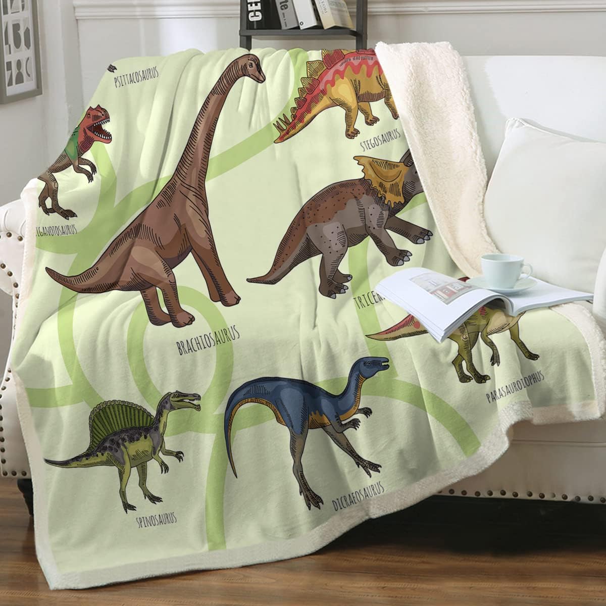 Sleepwish Manta de felpa de dinosaurio Sherpa para niños y niños, color verde, manta de forro polar suave de dinosaurio en acuarela, mullida,