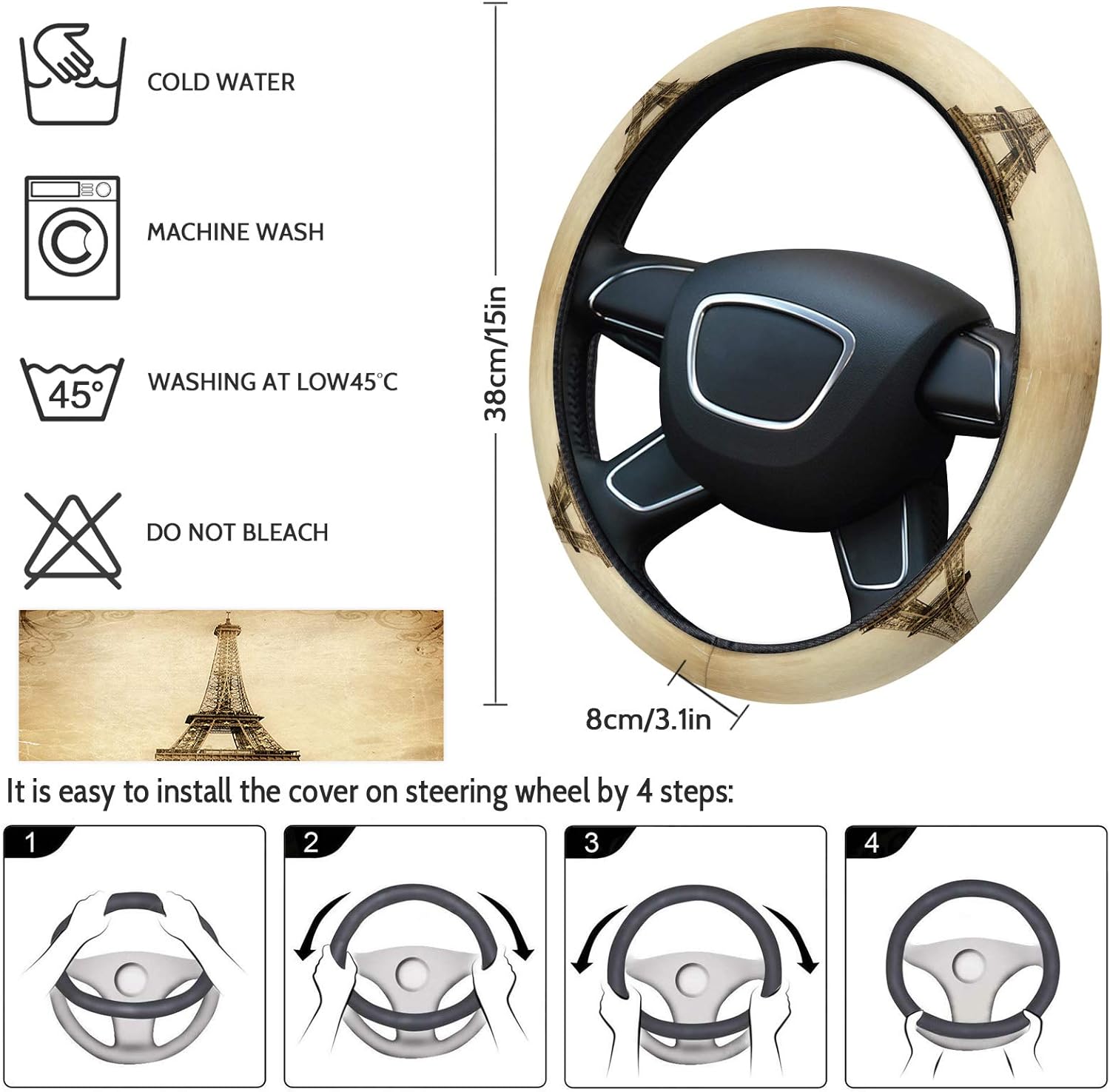 Funda protectora para volante de automóvil, de esponja elástica francesa, París, funda protectora para vehículos, camiones, SUV, accesorios