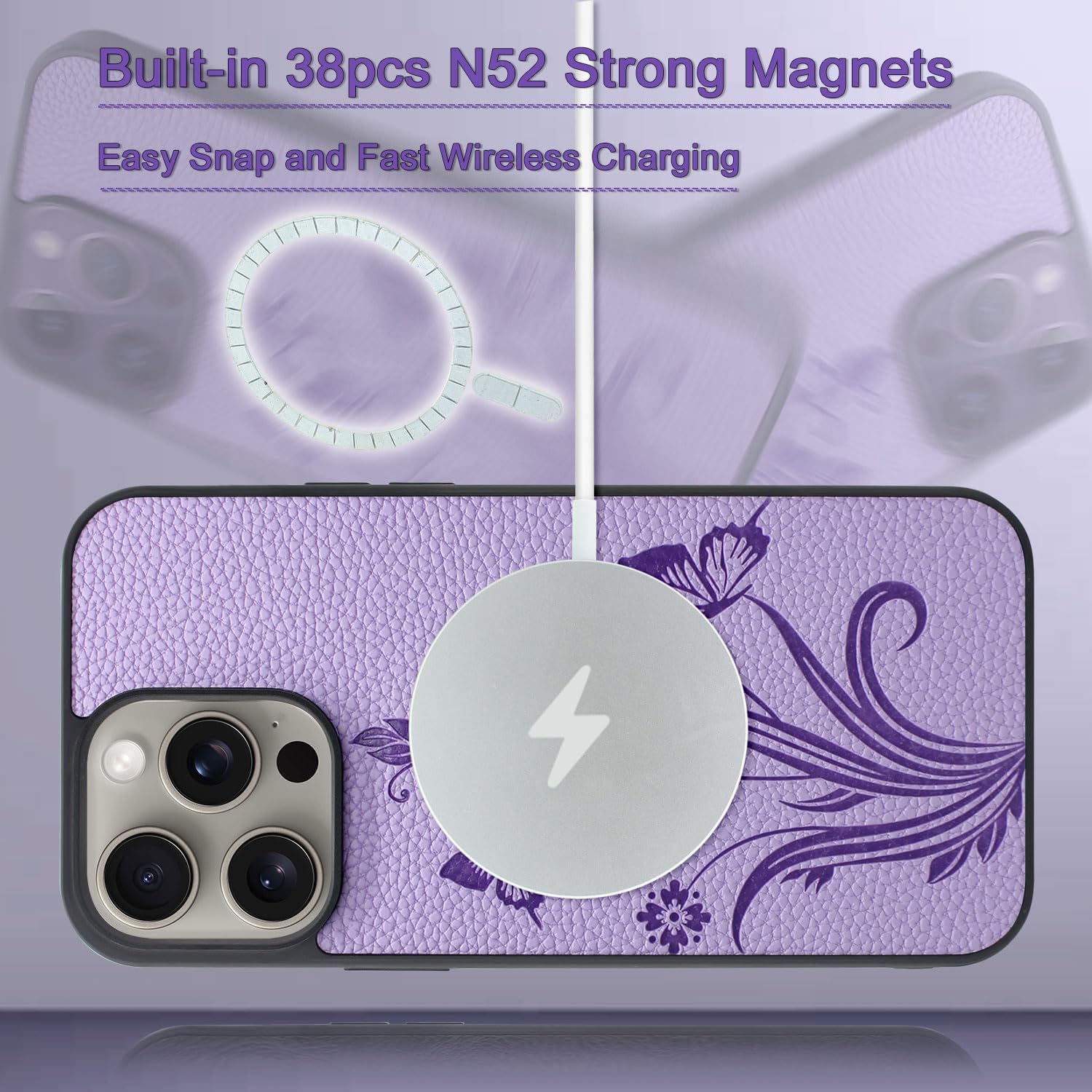 Lacass Funda compatible con MagSafe para iPhone 15 PlusiPhone 14 Plus de 6.7 pulgadas, tarjetero magnético desmontable con cremallera (morado claro