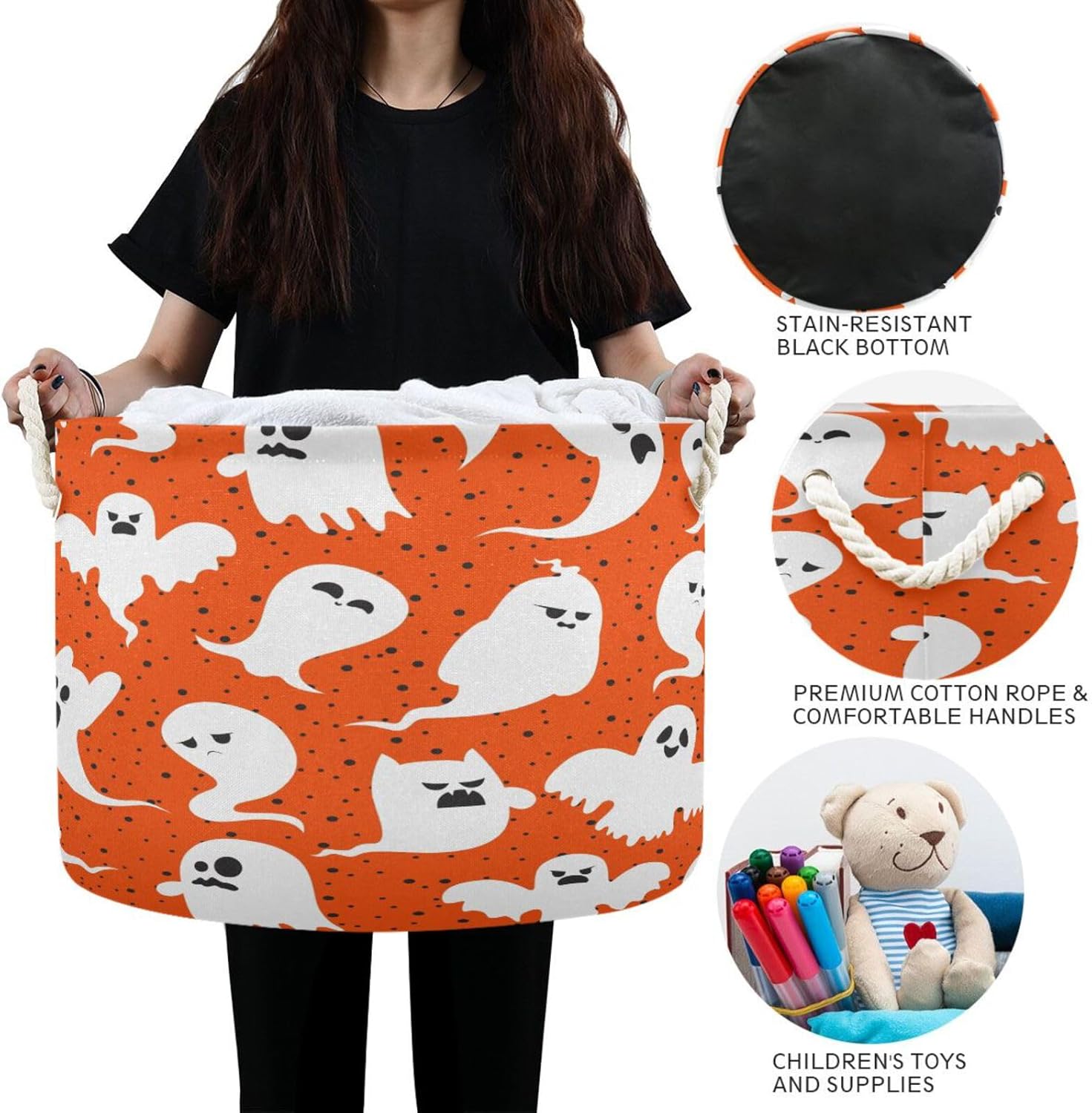 Cesta de almacenamiento extra grande de dibujos animados de Halloween, cesta decorativa para la ropa sucia con asas, cesta de cuerda para ropa,