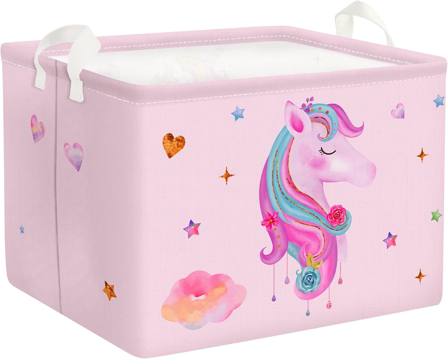 Clastyle Adorable cesta rectangular con diseño de unicornio rosa, estrella de nube, corazón, ropa, libros, cubo de almacenamiento de juguetes, 36L
