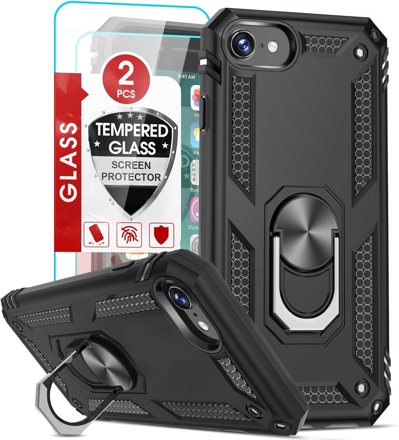 LeYi – Funda compatible con iPhone SE 2020 con 2 protectores de pantalla de vidrio templado, grado militar, funda protectora para teléfono celular