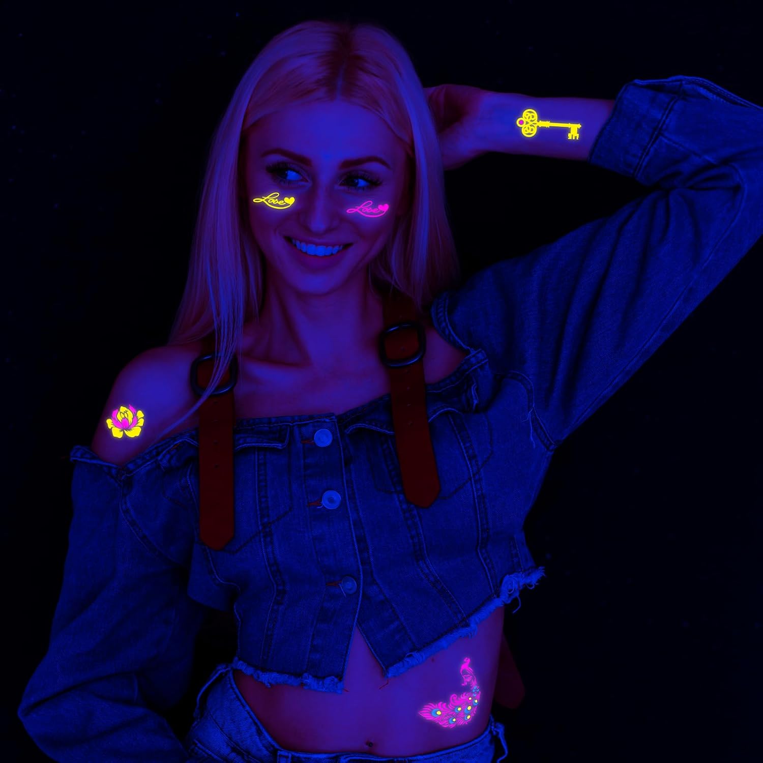 12 tatuajes temporales que brillan en la oscuridad de tamaño grande  Adhesivos fluorescentes fluorescentes de neón para adultos con purpurina