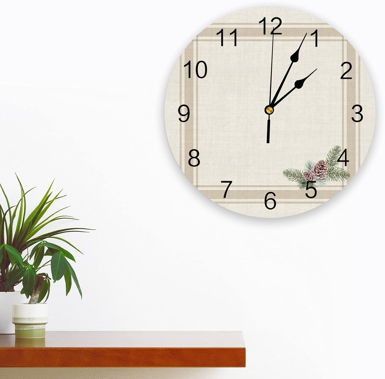 Reloj de pared de 12 pulgadas, silencioso sin tictac, funciona con pilas, conos de pino retro de granja de Navidad con esfera de números redondos