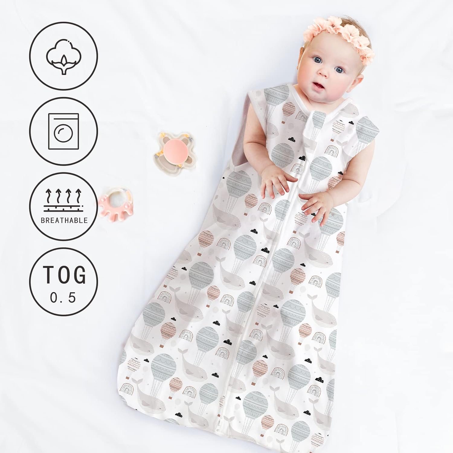 LITTLE TOTS Saco de dormir para bebé de 0 a 6 meses, 2 vías, cómodo, suave, ligero, con cremallera, manta para bebé, 100% algodón, TOG 0.5 para