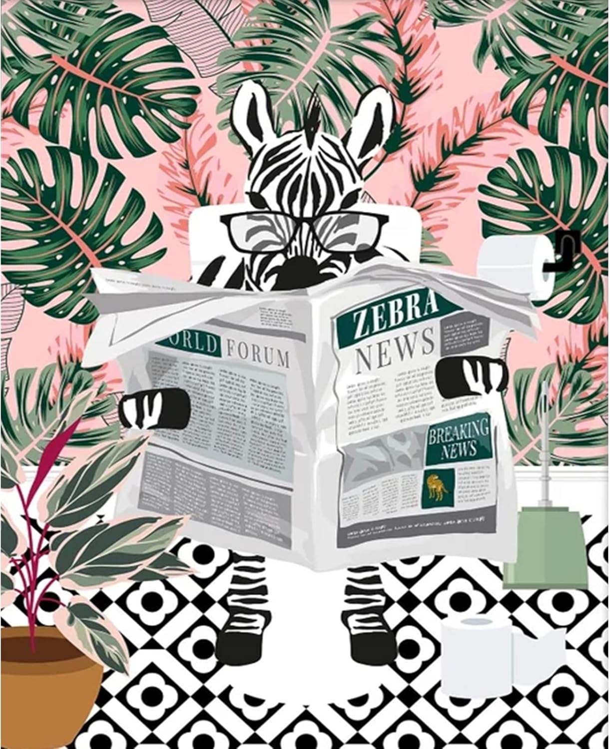 Bumbers – Divertida pintura de baño para adultos, diseño de cebra, periódico, pintura por números, pintura acrílica, lienzo, decoración de cocina,