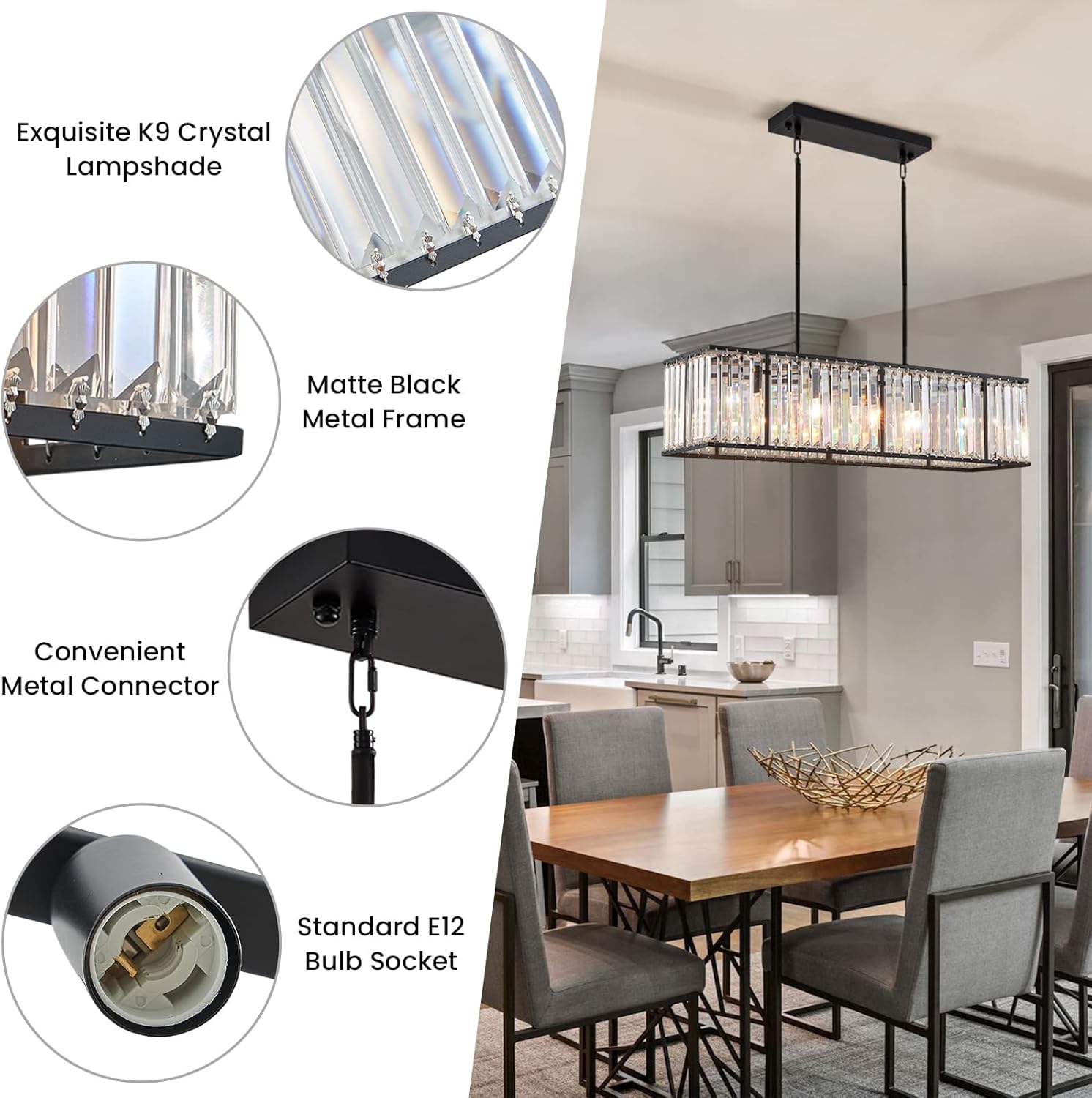 Siljoy Candelabro rectangular moderno de cristal, 5 luces, color negro, rectangular, con forma de gota de lluvia, lámpara de techo colgante lineal