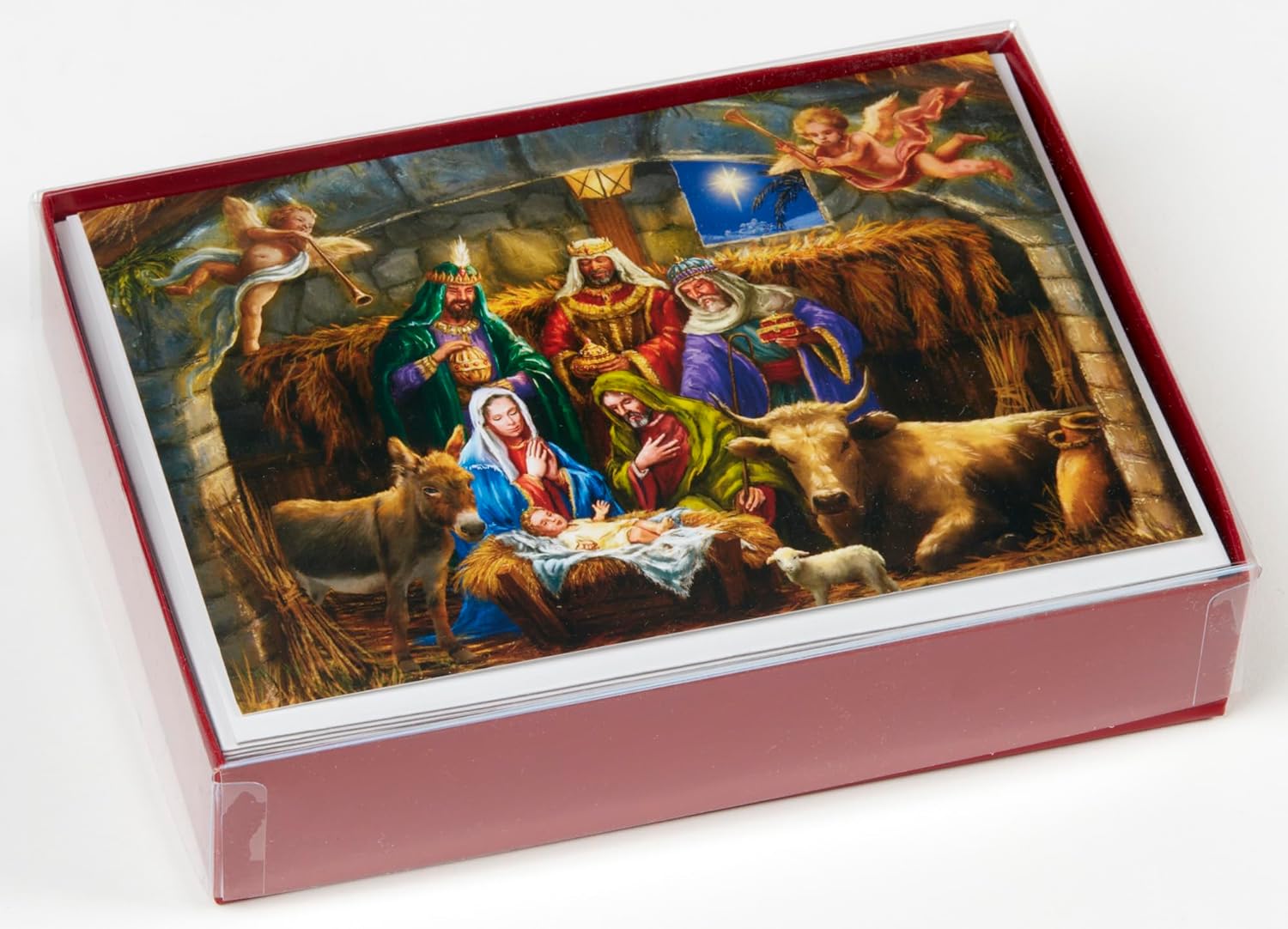 Vermont Christmas Company Caja de tarjetas de Navidad “In the Manger” – 15 tarjetas y 16 sobres de papel de aluminio