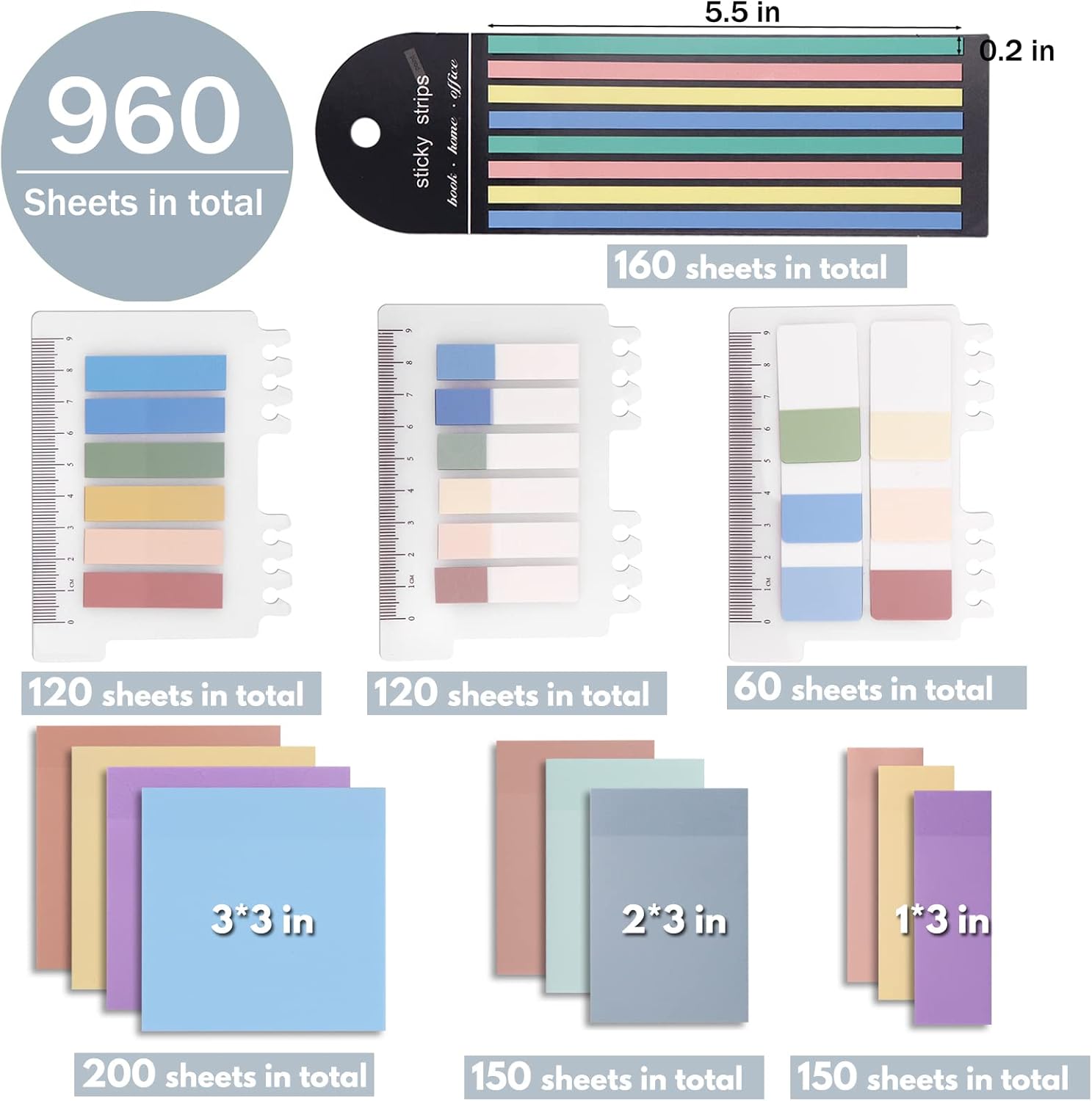 Morandi – Juego de 960 hojas adhesivas translúcidas, 3 x 3 pulgadas2.7 x 3.8 pulgadas, notas adhesivas transparentes, pestañas de índice escribibles