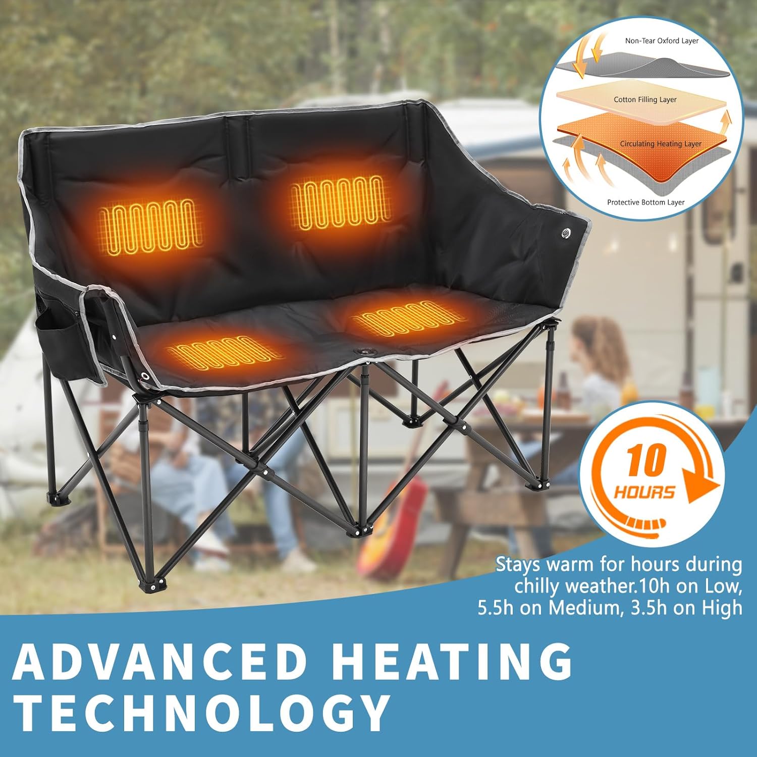 NAIZEA Silla de camping doble con calefacción, silla plegable para 2 personas, sillas térmicas portátiles para deportes al aire libre con 3 niveles