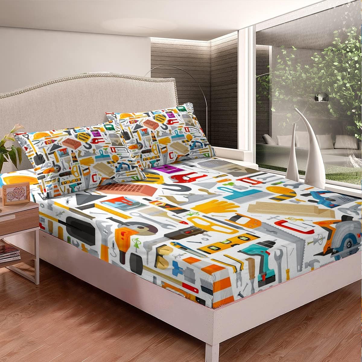 Erosebridal Sábana bajera ajustable de construcción, herramientas de construcción para niños, juego de ropa de cama de dibujos animados, tamaño