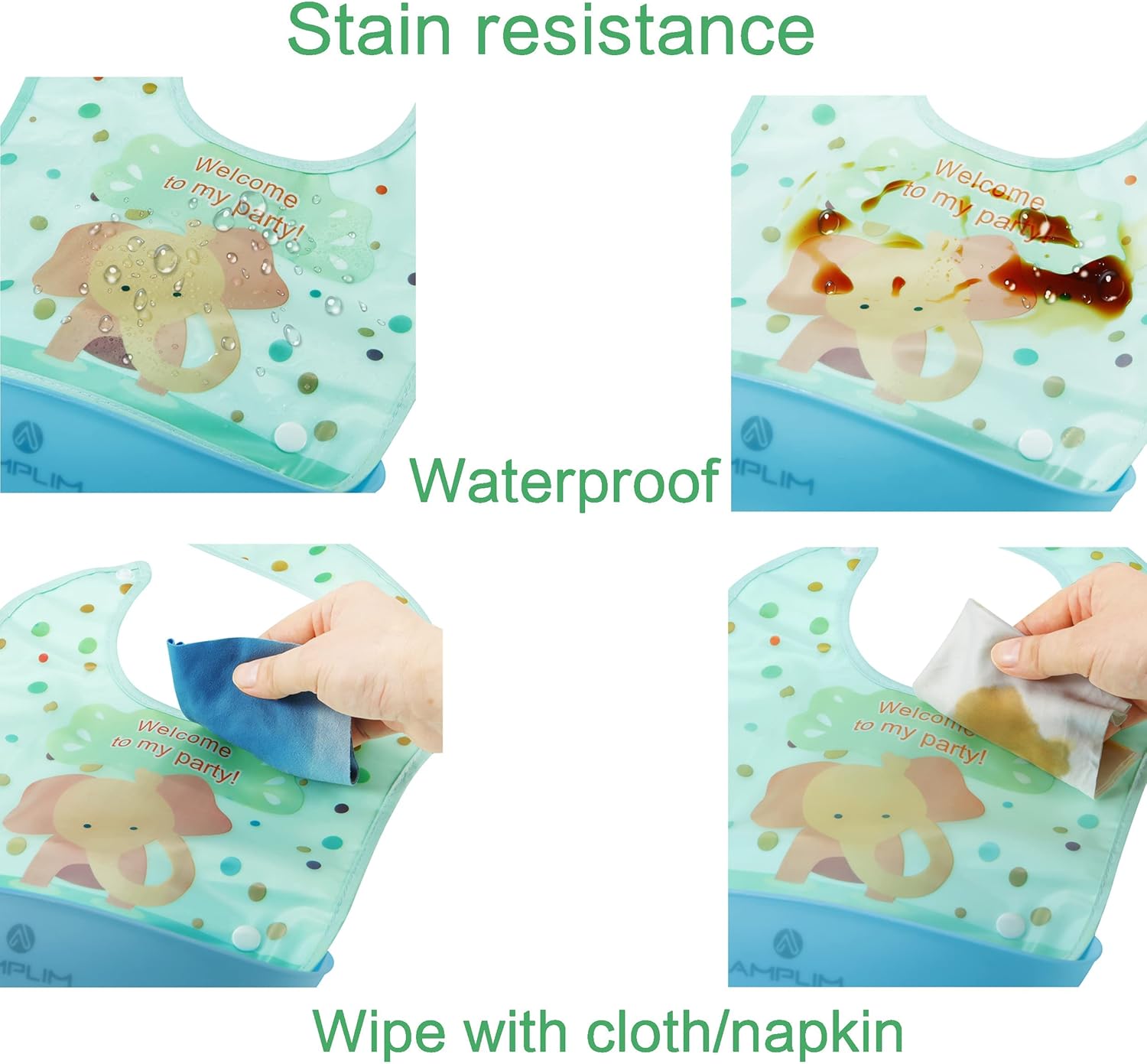 Amplim Babero de alimentación para bebés (paquete de 3) baberos para comer. Impermeable, ajustable, ligero. Material ecológico de PEVA. Sin BPA,