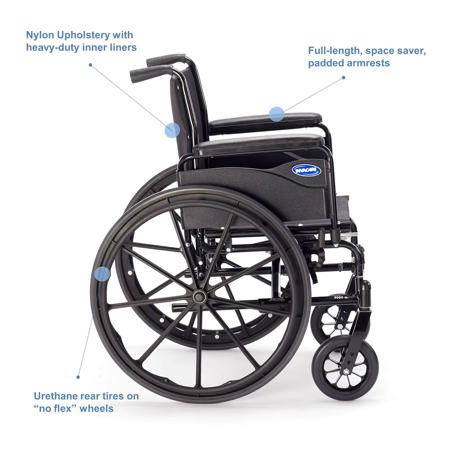 Invacare – 9SL_PTO_34749 9000 SL Silla de ruedas ligera y duradera, brazos de longitud completa, asiento de 18 pulgadas de ancho, negro plano,