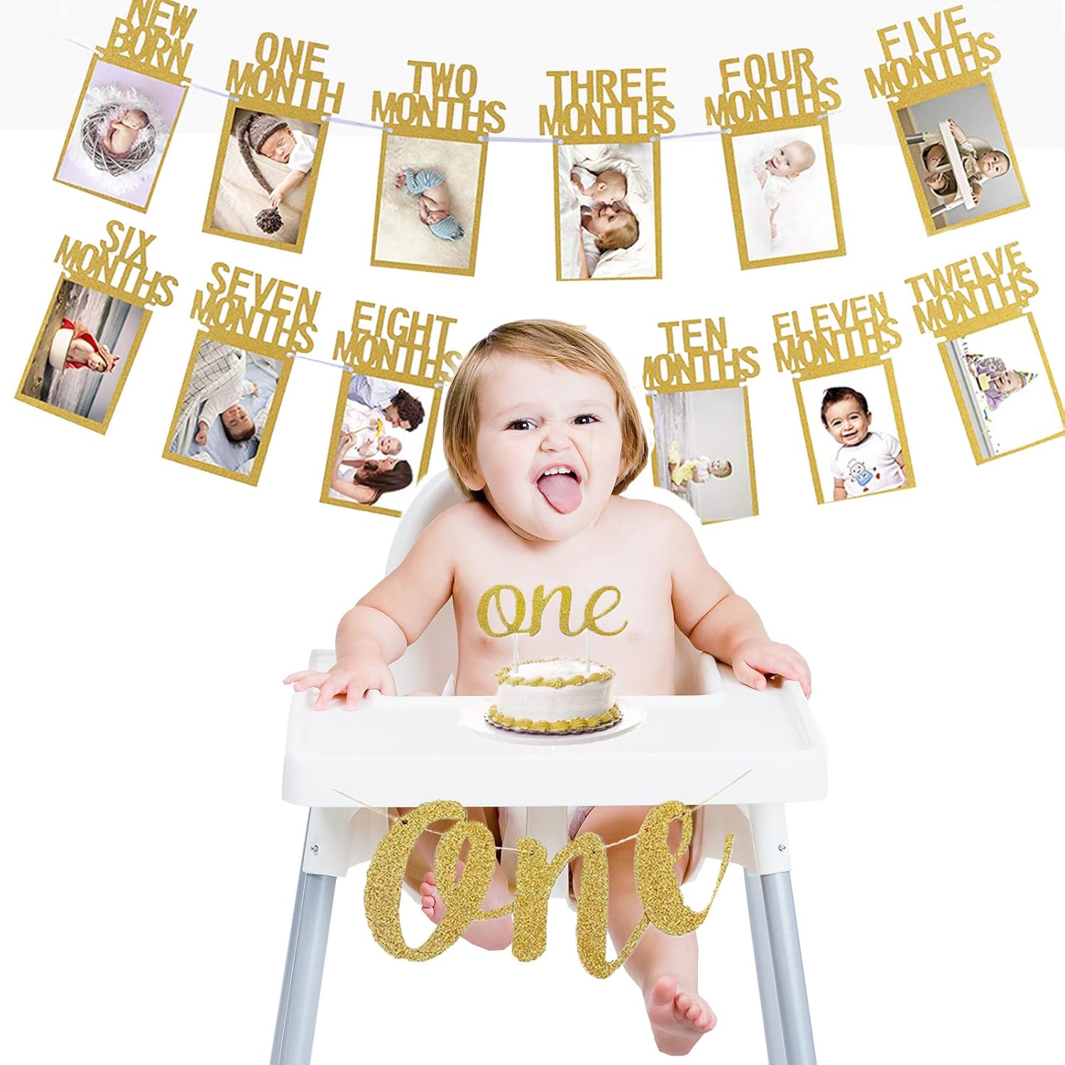 Cartel de fotos de bebé de primer cumpleaños para recién nacido a 12 meses, con pancarta para silla alta, guirnalda de fotos de hitos mensuales,