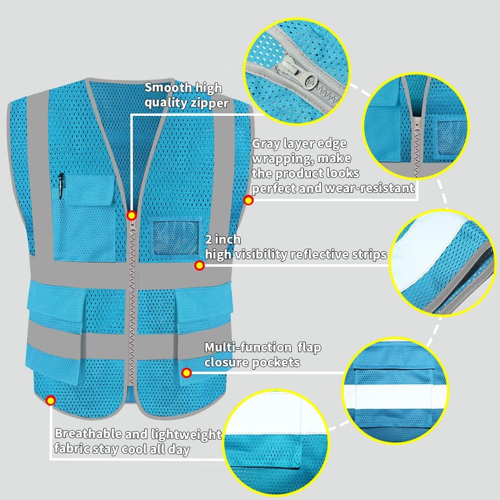 HYCOPROT High Visibility Mesh Safety Reflective Vest with Pockets and Zipper, Meets ANSIISEA Standards