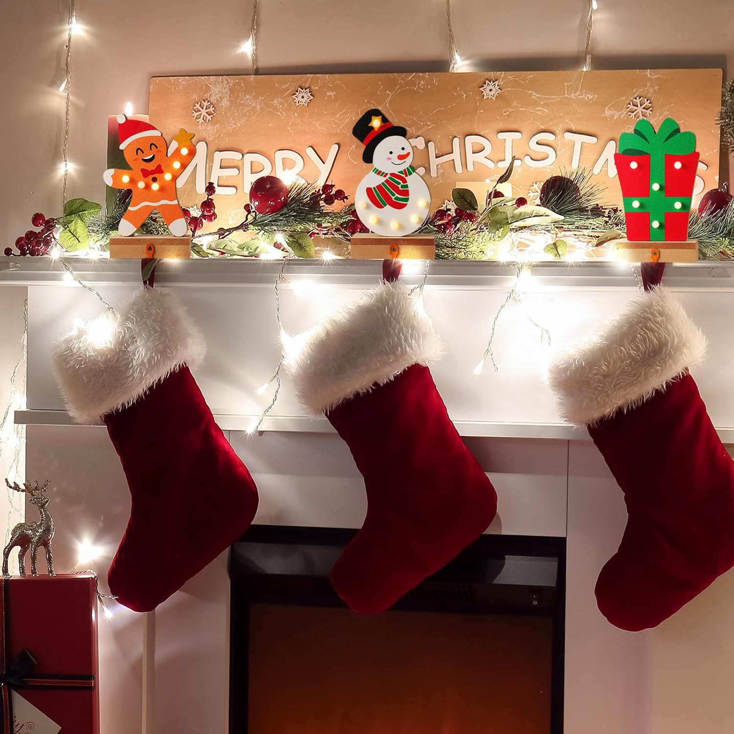 6 soportes para calcetines de Navidad con luz LED, árbol de Navidad, muñeco de nieve, Papá Noel, copos de nieve, ganchos para calcetines de Navidad,