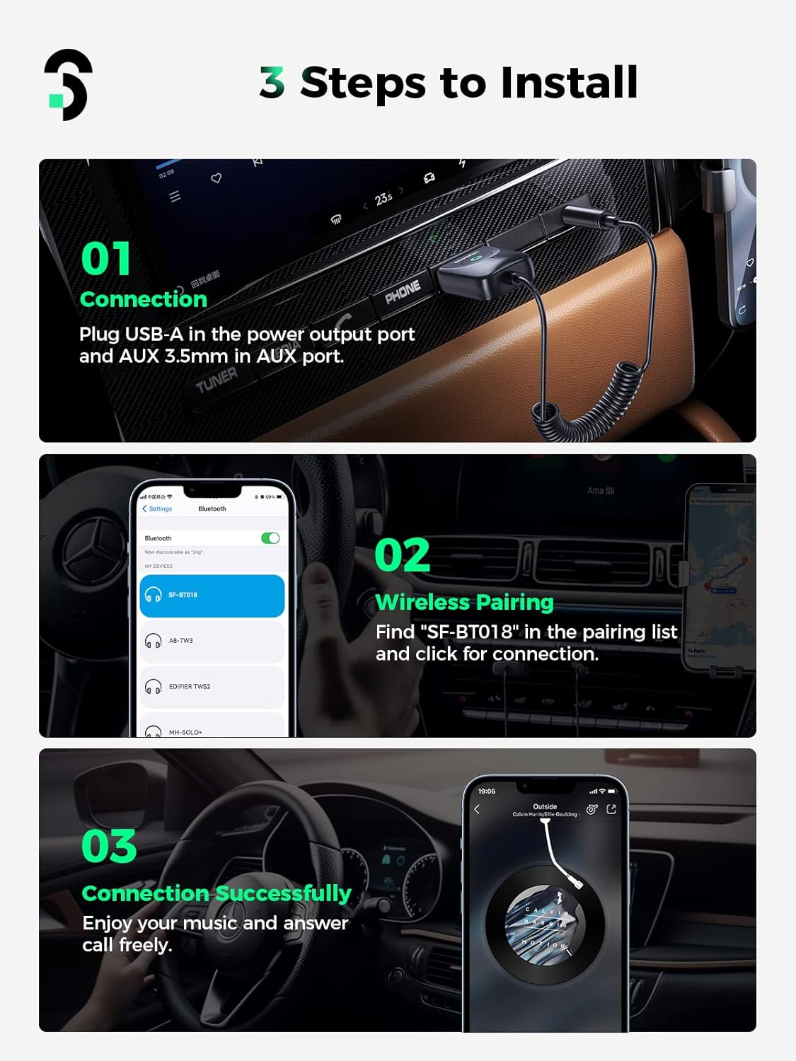 Adaptador Bluetooth 5.3 para automóvil, micrófono más fuerte y cancelación de ruido Bluetooth auxiliar de 0.138 in para automóvil con micrófono