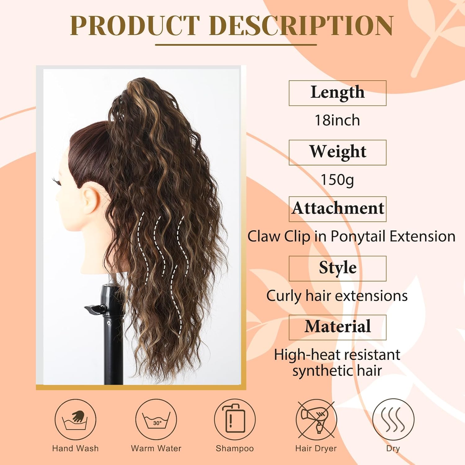 Matthia Extensión de cola de caballo con clip de garra de 18 pulgadas para mujer, extensiones de cola de caballo rizadas y onduladas, extensiones de