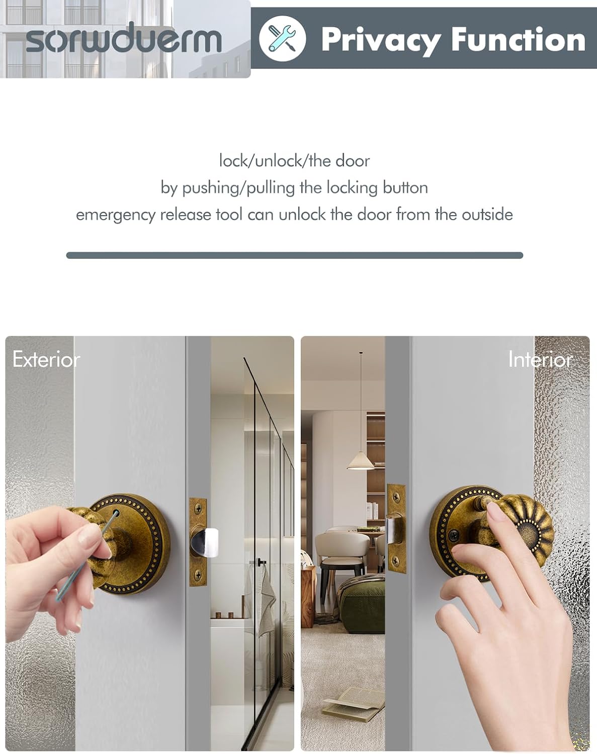 Perillas de puerta de latón antiguo, pomo de puerta de privacidad interior con cerradura para dormitorio y baño, aleación de zinc, paquete de 2