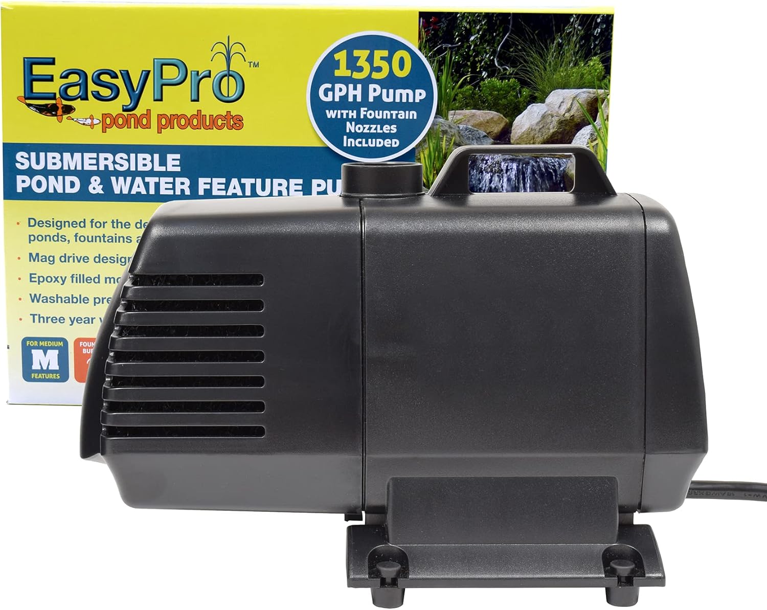 EasyPro EP1350 – Bomba sumergible para estanques, cascadas, arroyos y características de agua.  Fiable, silenciosa y eficiente energéticamente, 1350