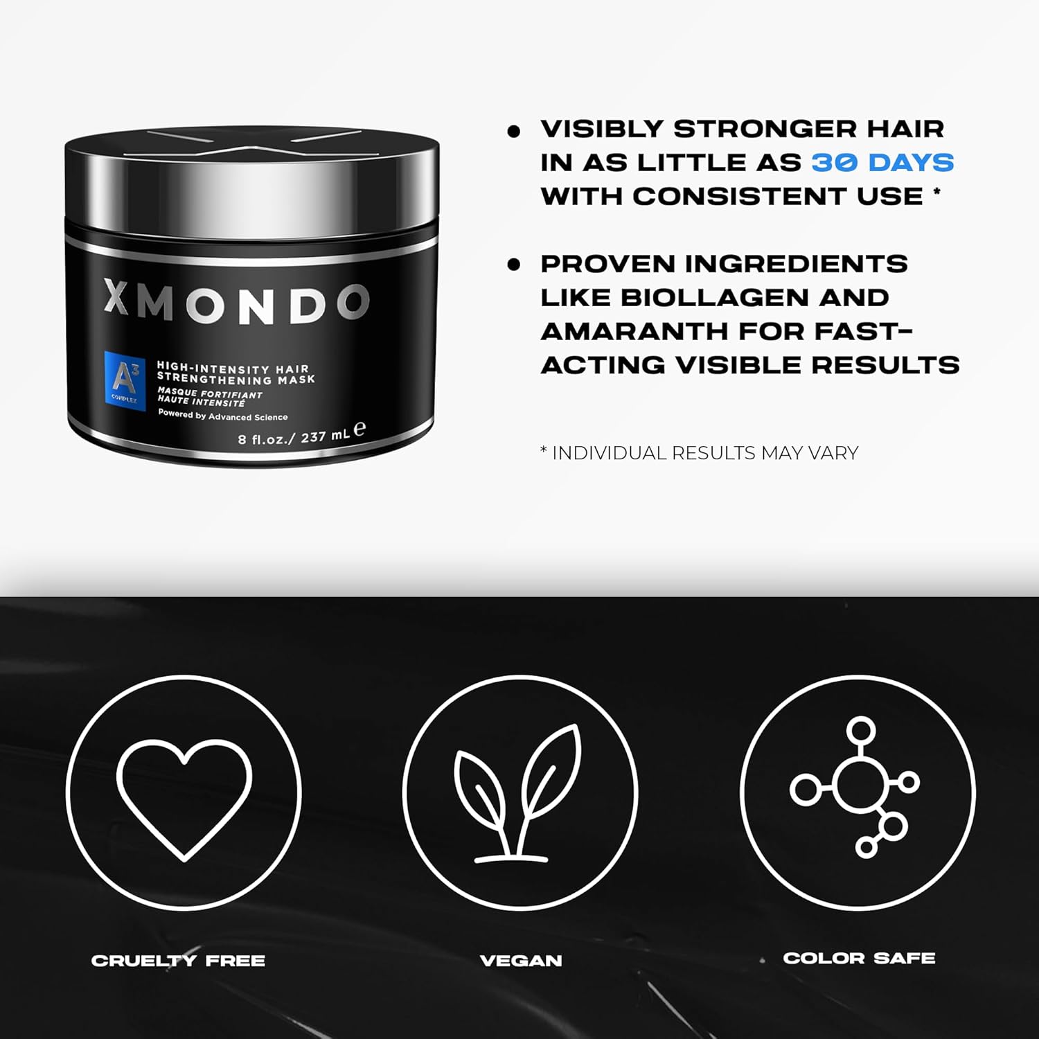 XMONDO Hair A3 Complex Máscara fortalecedora del cabello de alta intensidad  Fórmula vegana de biollagen y amaranto, mezcla de aminoácidos