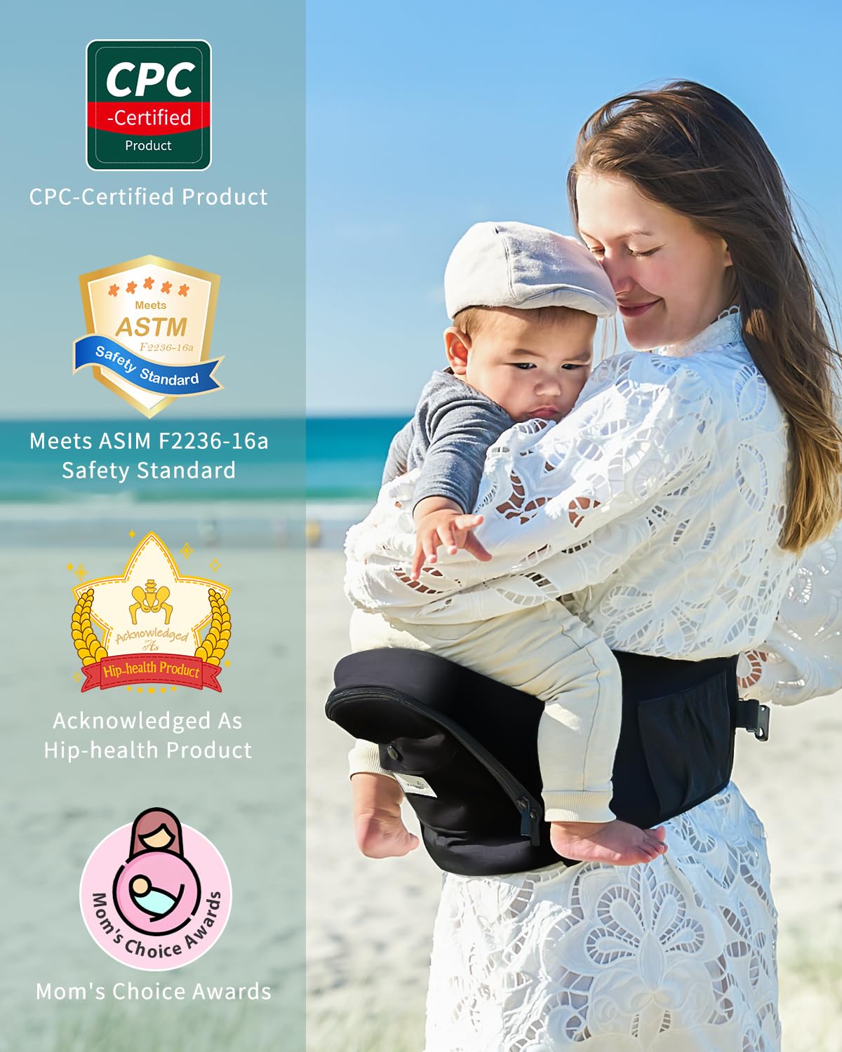 Portabebés ergonómico con múltiples bolsillos, cintura extendida ajustable para recién nacidos y niños pequeños de hasta 50 libras, color negro