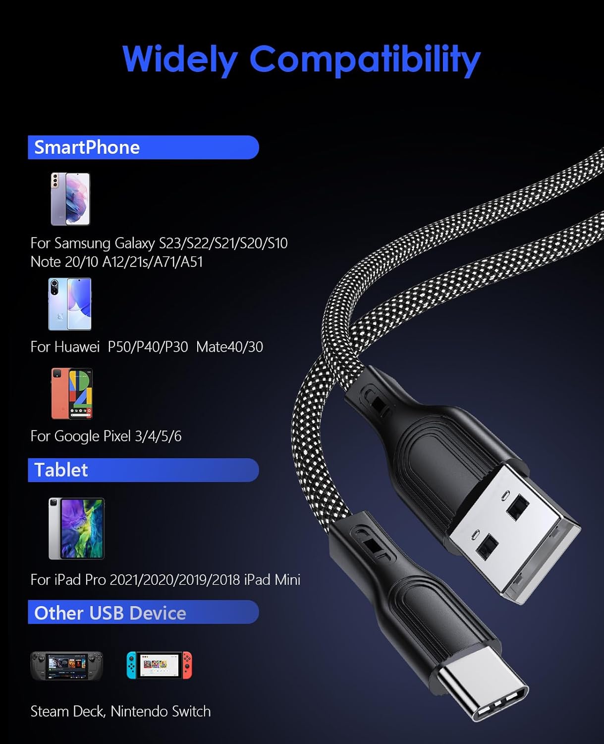 Cable magnético USB C, cable USB A a USB C, cable de carga USB C de 3.3 pies, cables de carga rápida compatibles con Samsung Galaxy S21 S20 S10 S9