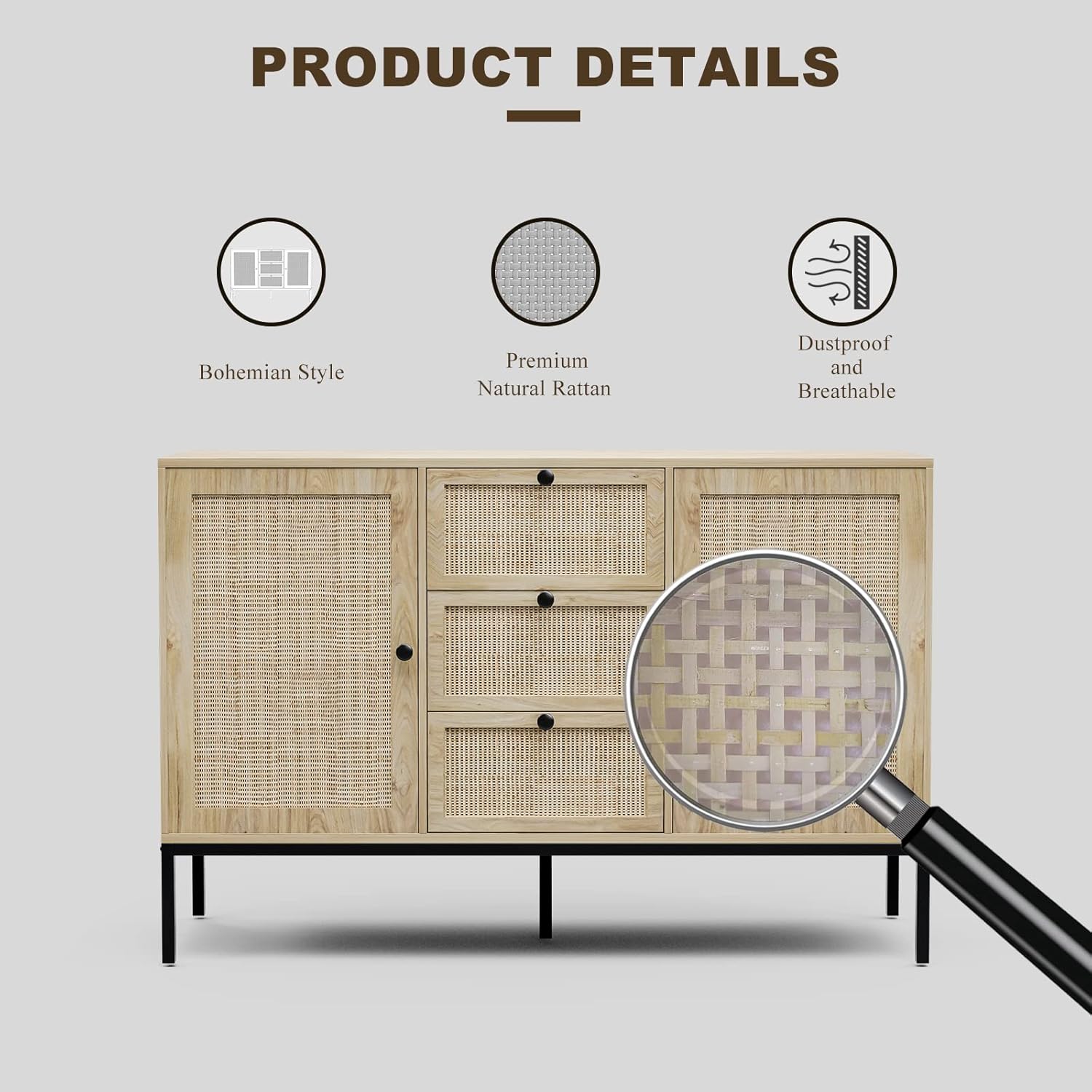 Aparador de ratán con almacenamiento, armario con puertas y estantes, armario decorativo con cajones para sala de estar, cocina, comedor, entrada