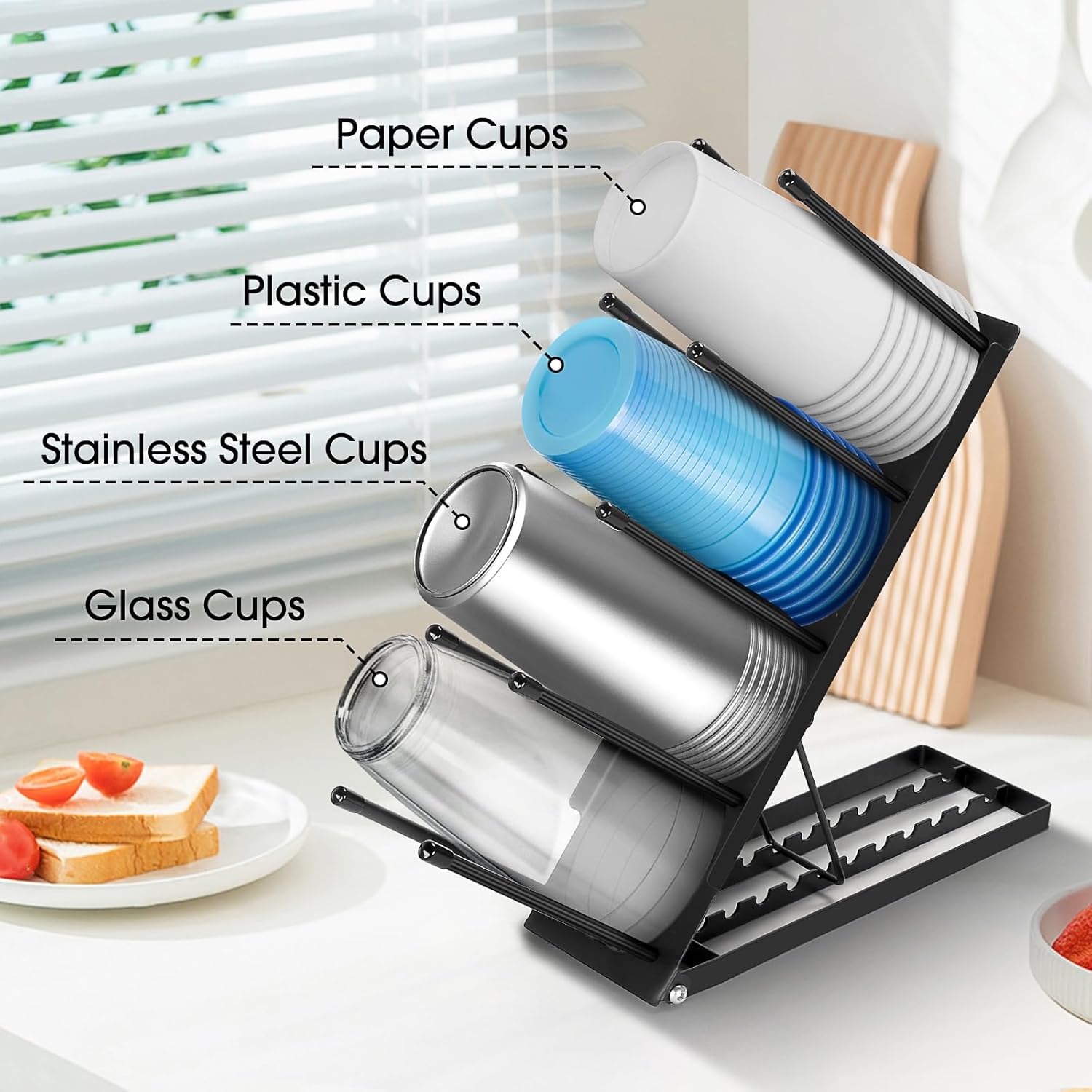 ShineMe Soporte desechable para tazas y tapas con organizador de pajita, dispensador de taza de café de metal, 4 compartimentos ajustables de