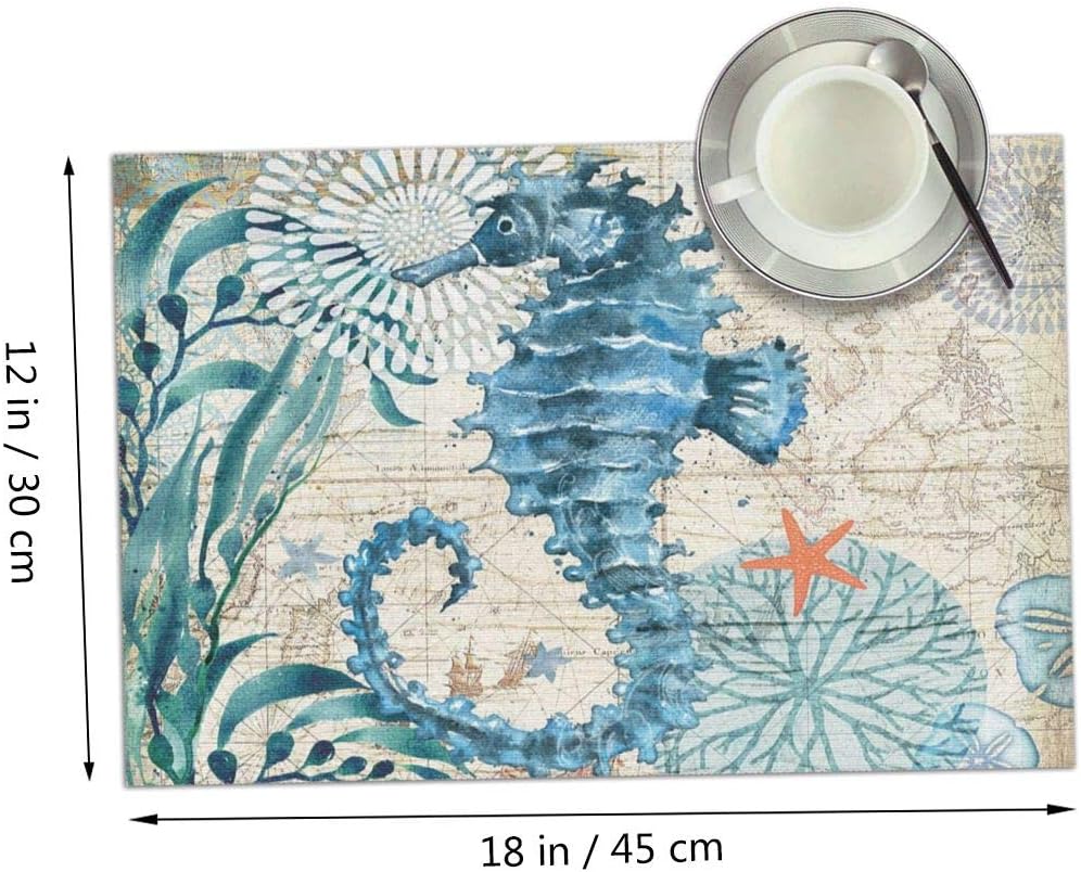 MSGUIDE Blue Seahorse – Juego de 4 manteles individuales para mesa de comedor, lavables, resistentes al calor, 12 x 18 pulgadas