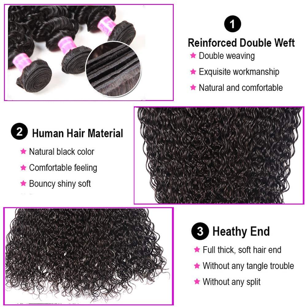 Paquetes de cabello ondulado con cierre, 100% cabello virgen brasileño sin procesar, 3 paquetes con cierre de encaje 4×4 con parte libre de pelo de