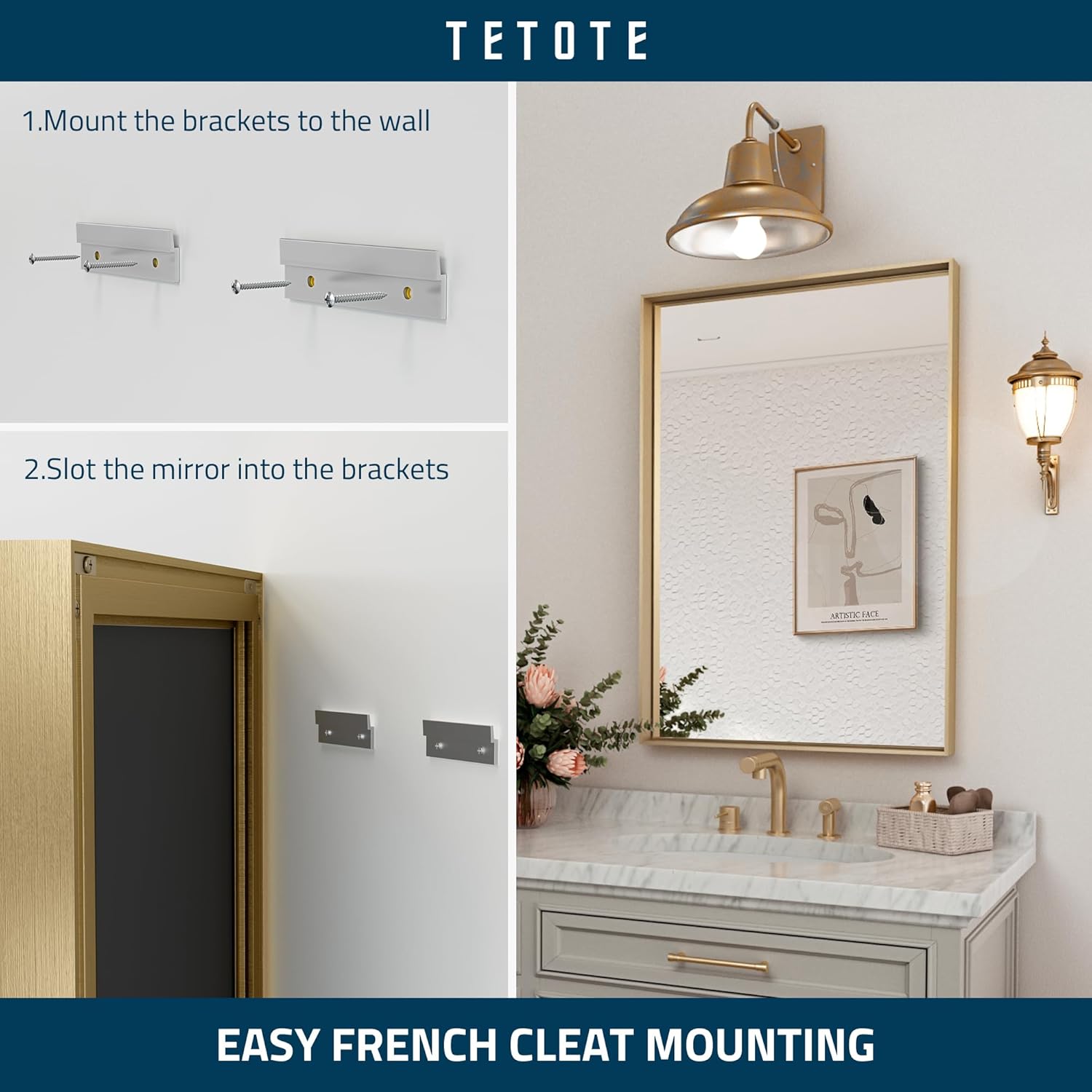 TETOTE Espejo con marco dorado para pared de baño, 30 x 36 pulgadas, rectangular, latón cepillado, marco de metal dorado, espejo de tocador moderno,