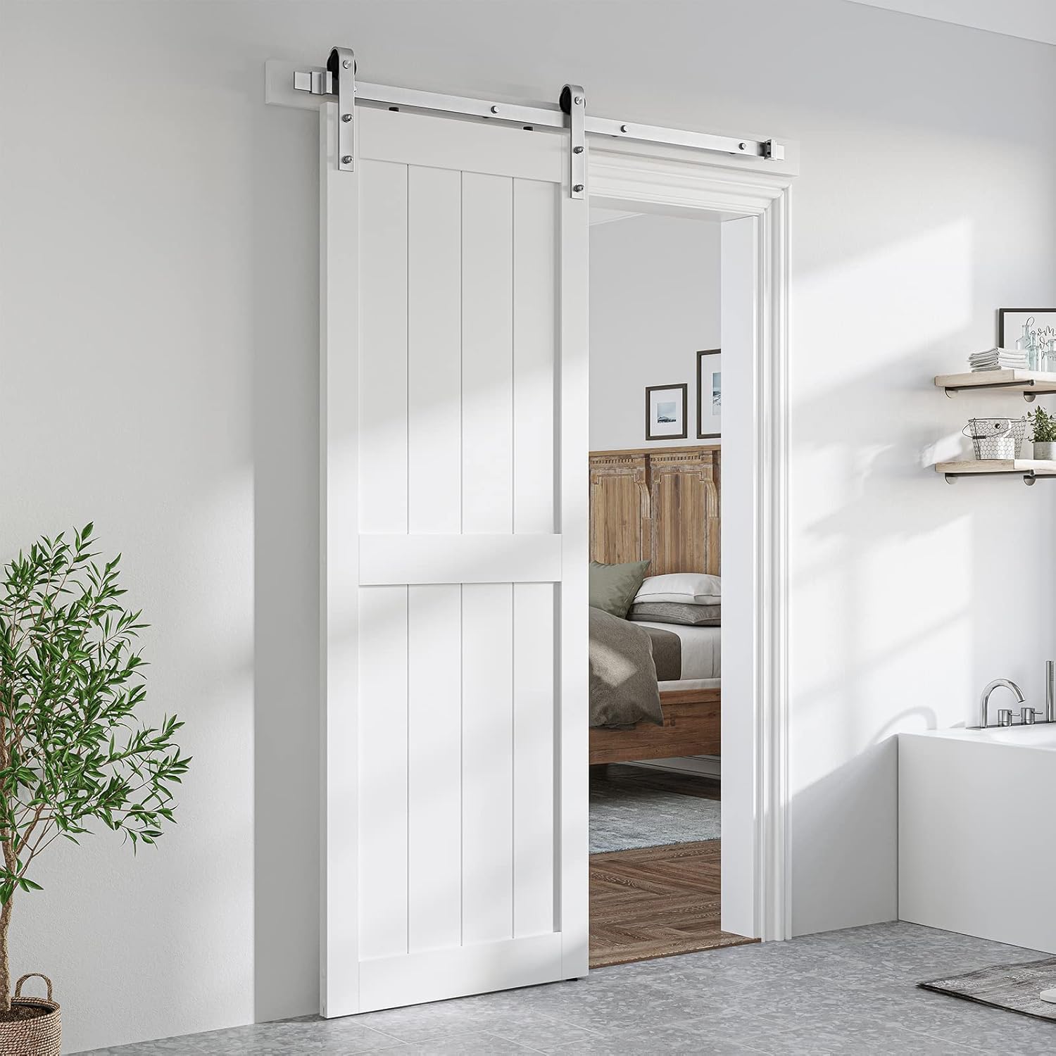 SmartStandard Puerta corrediza de MDF de 26 x 84 pulgadas, revestimiento de PVC impermeable, solo puerta interior, marco en H