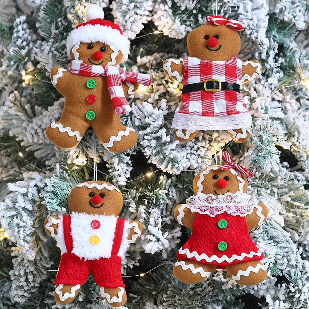 4 adornos de hombre de jengibre de 5.7 pulgadas de alto para árbol de Navidad, figuras surtidas de pan de jengibre rellenas, adornos para colgar en