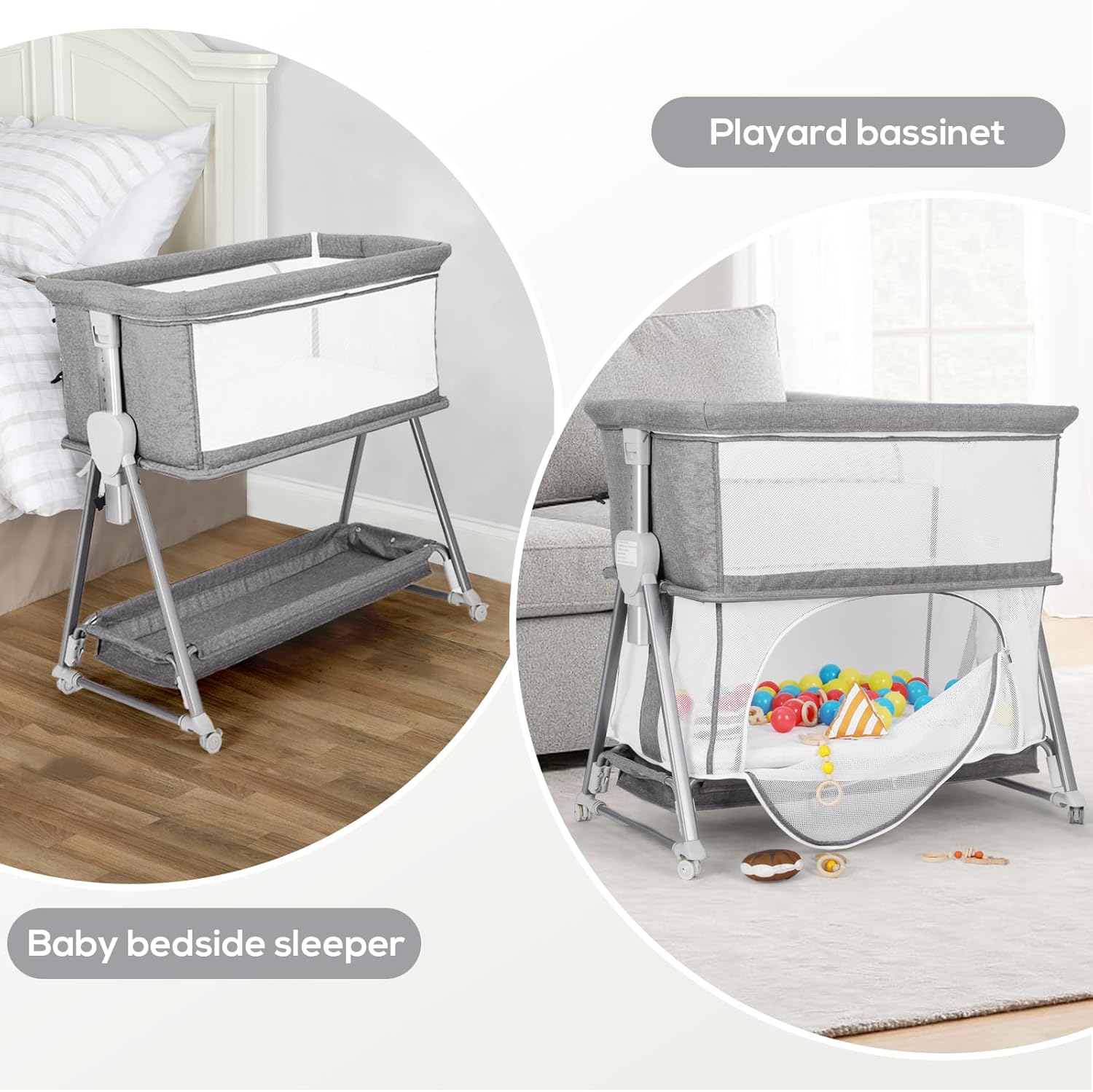 Cowiewie Moisés 3 en 1 para bebé, corralito para niños, multifuncional, junto al moisés con modo de juego para bebé de altura ajustable (gris)