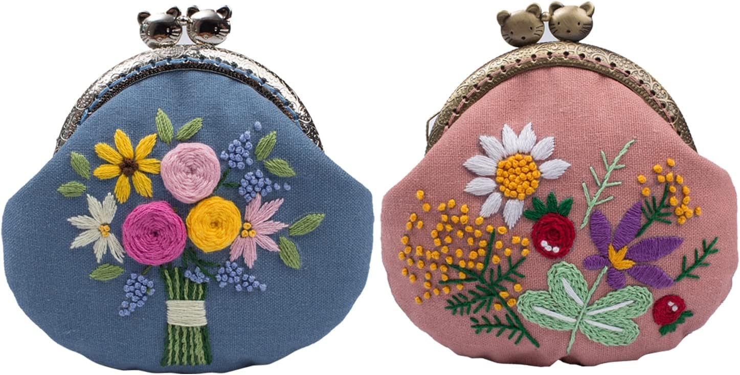 Maydear Kits de monedero bordado para principiantes, embrague bordado hecho a mano con todos los suministros, aros de bordado de bambú,