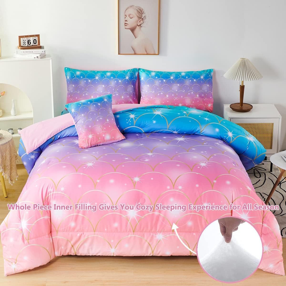 PERFEMET Juego de edredón de tamaño matrimonial con estampado de sirena para niñas, juego de ropa de cama colorido de teñido anudado para niñas