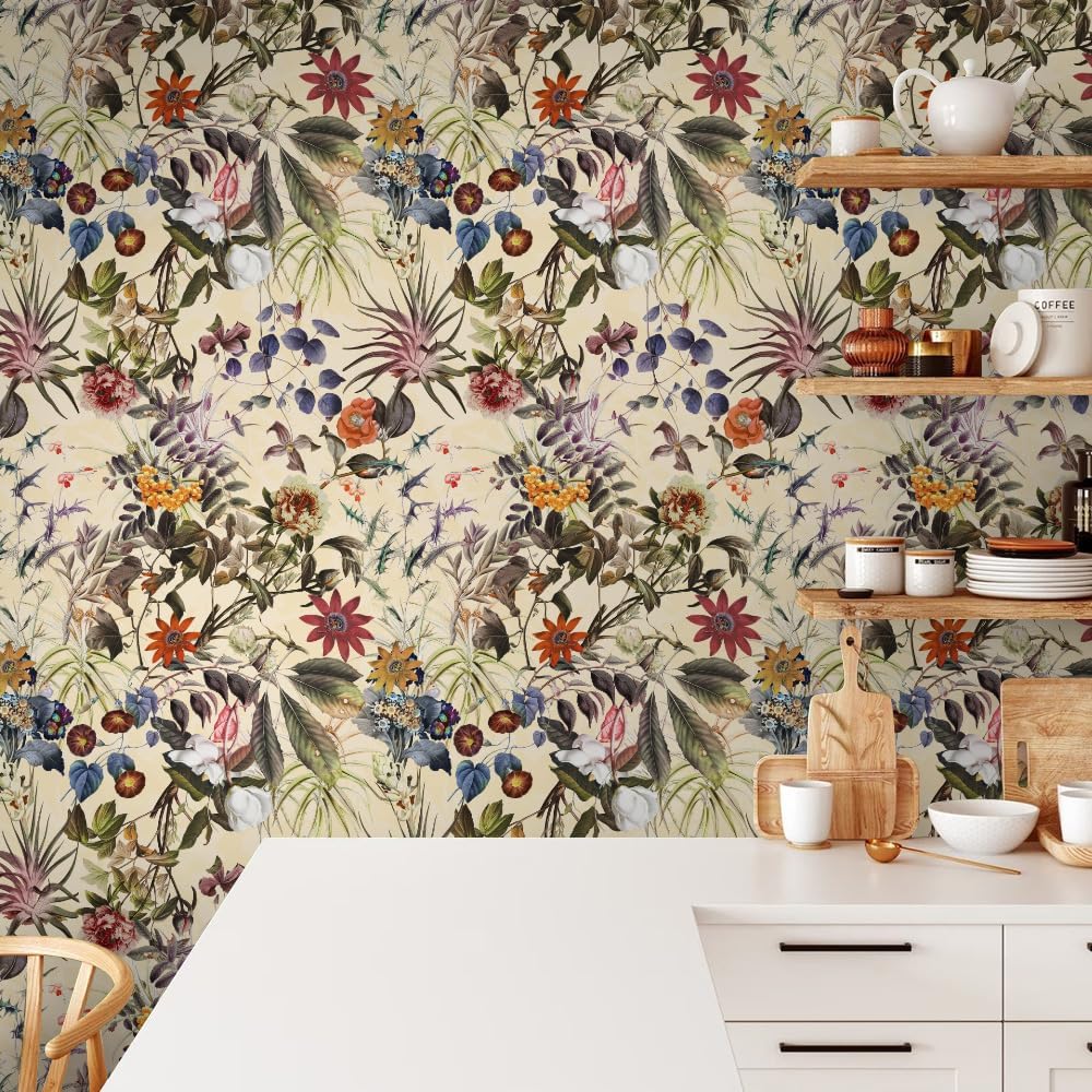 Papel tapiz autoadhesivo de 18 x 236 pulgadas, diseño bohemio de flores silvestres y hojas, papel de contacto extraíble para despegar y despegar,