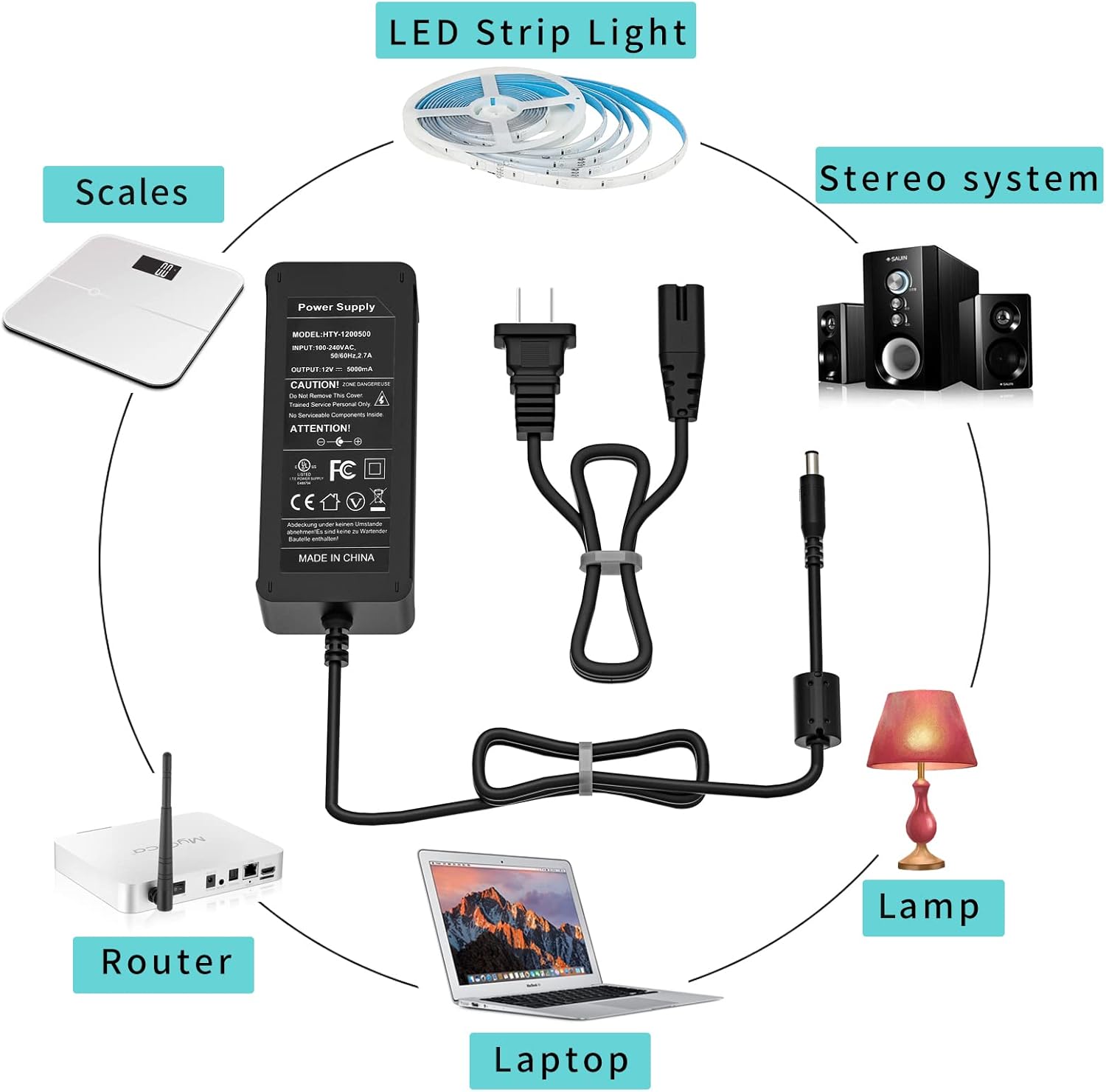 SUPERNIGHT Fuente de alimentación de 12 V 5 A CA 100-240 V 50-60 Hz a CC 12 voltios adaptador de corriente para 5050 3528 tira de luz LED