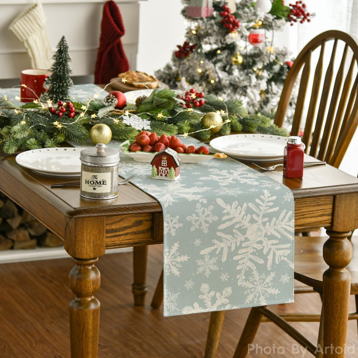 Artoid Mode Camino de mesa de Navidad con copos de nieve aguamarina, decoración de mesa de comedor para decoración de fiesta en el hogar, 13 x 72