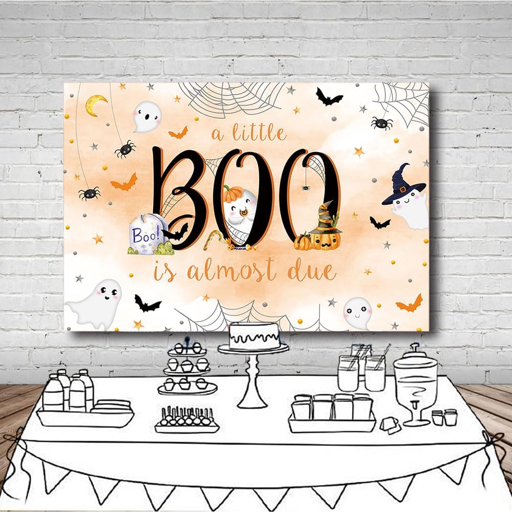 MEHOFOND Telón de fondo de Halloween de 7 x 5 pies para baby shower con texto en inglés “A Little Boo is Almost Due Orange Water” para niño con