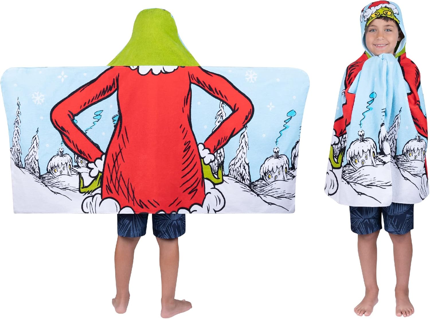 Franco Grinch by Dr. Seuss Holiday – Toalla de rizo de algodón suave con capucha para niños, 24 x 50 pulgadas, (producto oficial del Dr. Seuss)