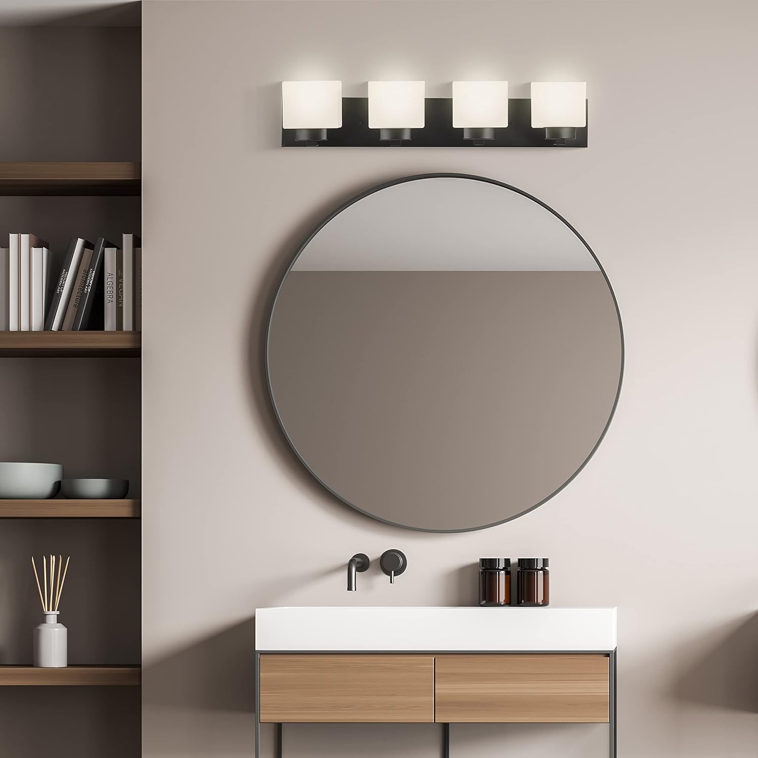 Design House 588426 Dove Creek – Lámpara de tocador regulable con vidrio esmerilado para espejo de baño, negro mate, 4 luces