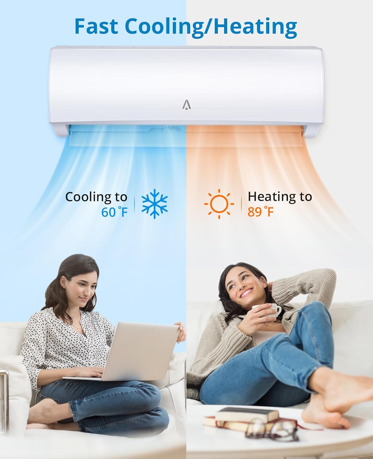 ACONEE 9000 BTU Smart Mini Split Aire AcondicionadoSistema de Calefacción 19 SEER Split Inverter AC con bomba de calor precargada y kit de