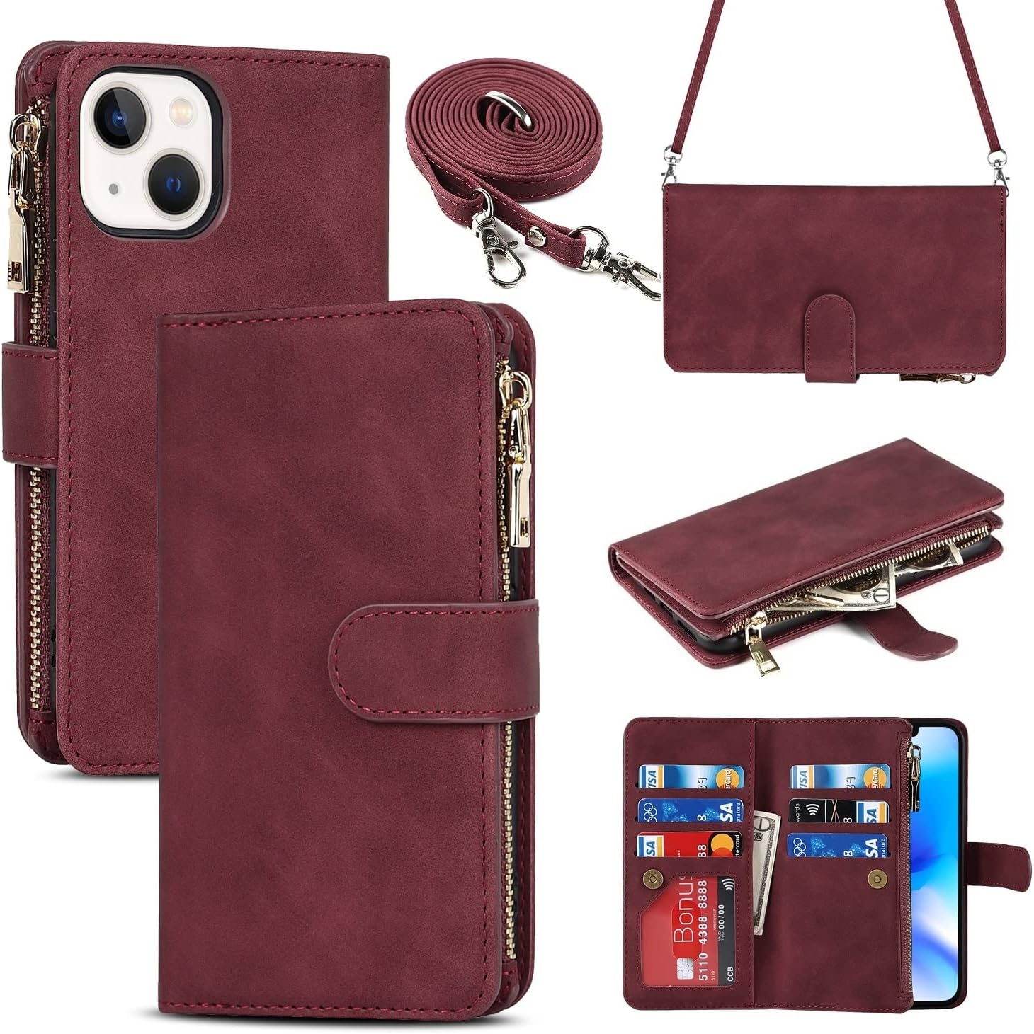 iCoverCase Funda tipo cartera para iPhone 14 con tarjetero y cordón cruzado ajustable, ranuras para tarjetas de piel sintética (no desmontable),