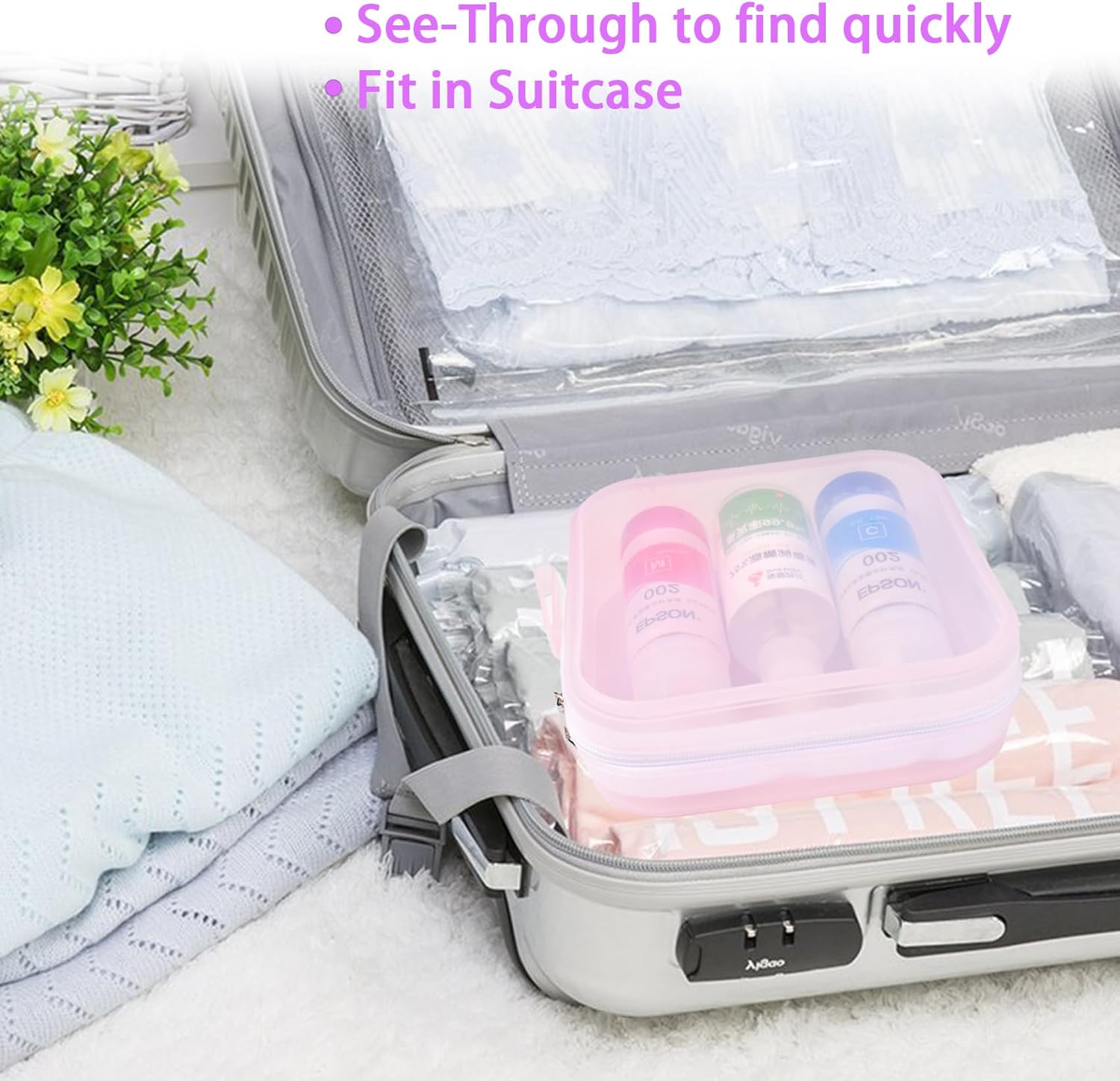 CEYAZYE Bolsas de maquillaje transparentes de silicona, bolsas de viaje portátiles para artículos de tocador, bolsa de aseo de viaje con