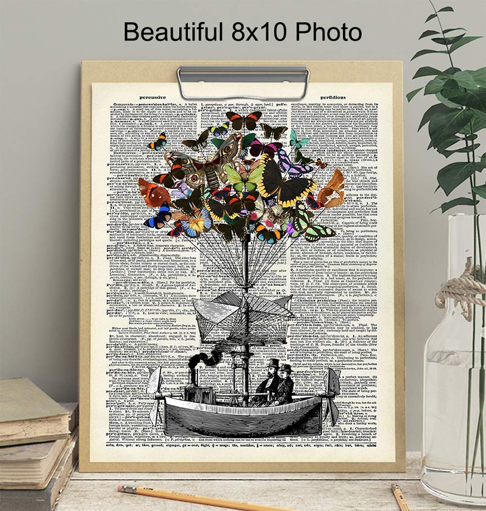 Steampunk Decor – Dirigible Poster – 8×10 Victorian Steampunk Wall Art – Butterflies Blimp Airship Room Decorations – Dictionary Page Photo –
